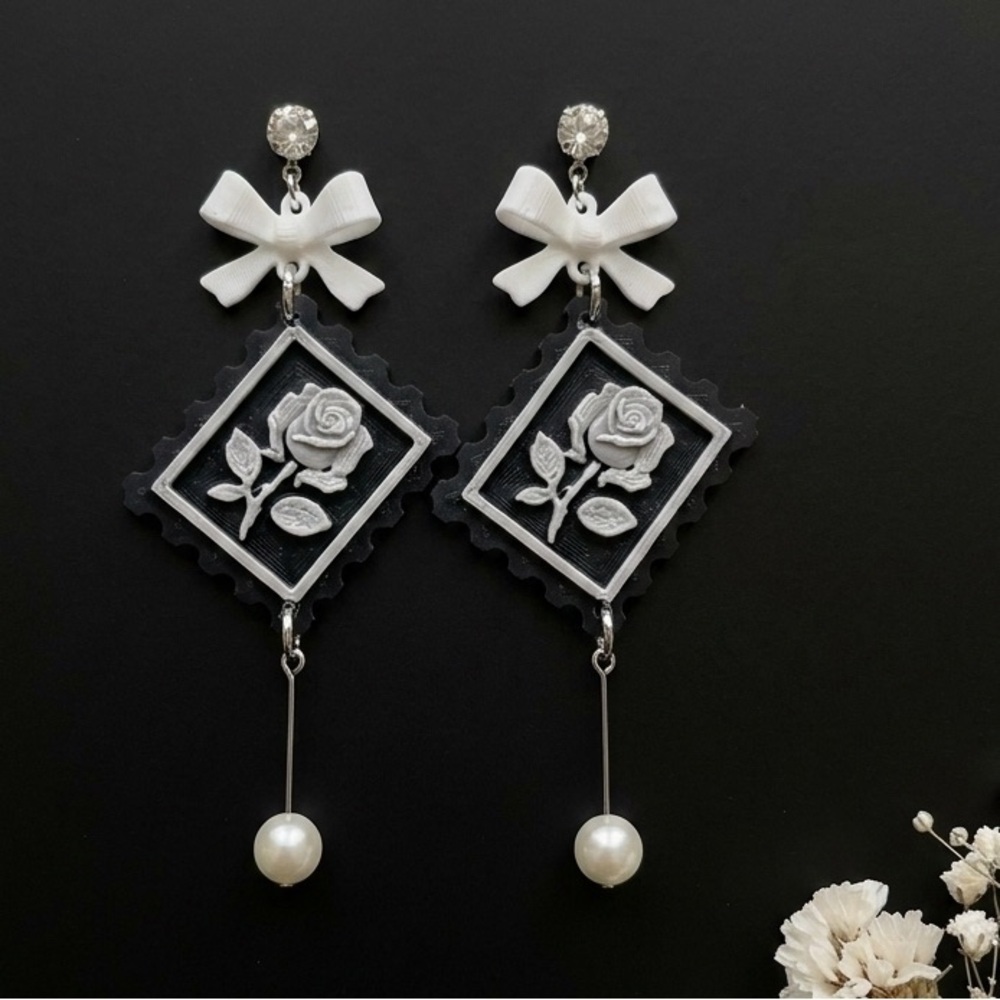 Black & Silver Postage Stamp Rose Earrings with Bow & Pearl Drop - Picture 2 of 5